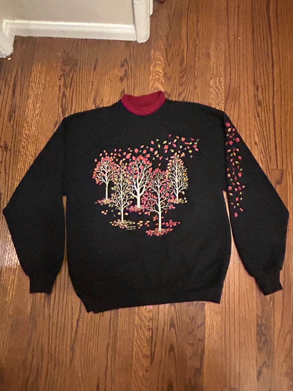 Vintage fall sweater with trees and fall leaves